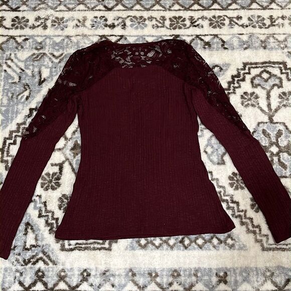 AmélieBoutik Women Floral Lace Inset Lace Up Ribbed Long Sleeve Knit Top - Picture 4 of 8